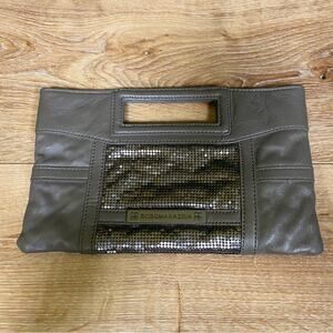 BCBGMaxAzria Leather and Chain Mail Clutch Purse Gray BCBG